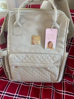 Paris Hilton Cream Quilted Backpack Tote with Gold Logo